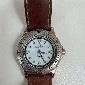 Vintage Fossil Eddie Bauer Silver Case Watch with Brown Leather Strap